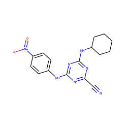 N#Cc1nc(Nc2ccc([N+](=O)[O-])cc2)nc(NC2CCCCC2)n1 ZINC001772642618