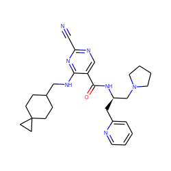 N#Cc1ncc(C(=O)N[C@H](Cc2ccccn2)CN2CCCC2)c(NCC2CCC3(CC2)CC3)n1 ZINC000040380597