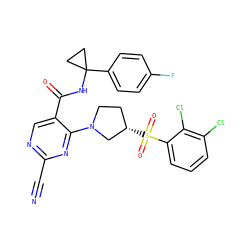 N#Cc1ncc(C(=O)NC2(c3ccc(F)cc3)CC2)c(N2CC[C@H](S(=O)(=O)c3cccc(Cl)c3Cl)C2)n1 ZINC000169684961