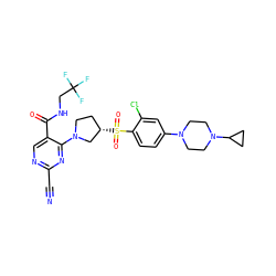 N#Cc1ncc(C(=O)NCC(F)(F)F)c(N2CC[C@H](S(=O)(=O)c3ccc(N4CCN(C5CC5)CC4)cc3Cl)C2)n1 ZINC000169685007