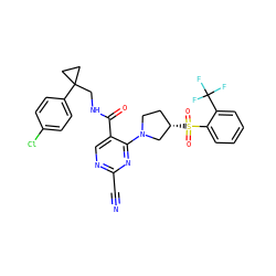 N#Cc1ncc(C(=O)NCC2(c3ccc(Cl)cc3)CC2)c(N2CC[C@H](S(=O)(=O)c3ccccc3C(F)(F)F)C2)n1 ZINC000169684960