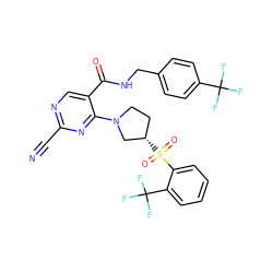 N#Cc1ncc(C(=O)NCc2ccc(C(F)(F)F)cc2)c(N2CC[C@H](S(=O)(=O)c3ccccc3C(F)(F)F)C2)n1 ZINC000168499930