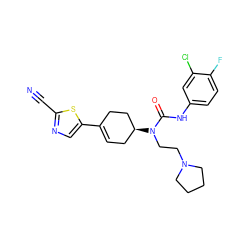 N#Cc1ncc(C2=CC[C@H](N(CCN3CCCC3)C(=O)Nc3ccc(F)c(Cl)c3)CC2)s1 ZINC000028650287