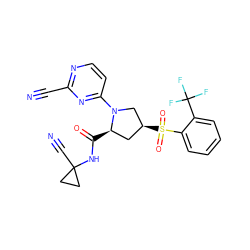 N#Cc1nccc(N2C[C@@H](S(=O)(=O)c3ccccc3C(F)(F)F)C[C@H]2C(=O)NC2(C#N)CC2)n1 ZINC000167783362