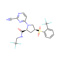 N#Cc1nccc(N2C[C@@H](S(=O)(=O)c3ccccc3C(F)(F)F)C[C@H]2C(=O)NCC(F)(F)F)n1 ZINC000145817294