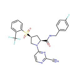 N#Cc1nccc(N2C[C@@H](S(=O)(=O)c3ccccc3C(F)(F)F)C[C@H]2C(=O)NCc2ccc(F)cc2)n1 ZINC000168508559