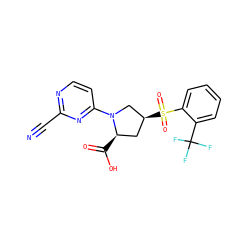 N#Cc1nccc(N2C[C@@H](S(=O)(=O)c3ccccc3C(F)(F)F)C[C@H]2C(=O)O)n1 ZINC000143172735