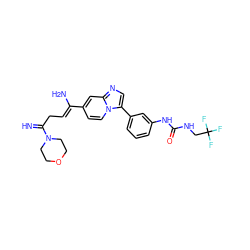 N=C(C/C=C(\N)c1ccn2c(-c3cccc(NC(=O)NCC(F)(F)F)c3)cnc2c1)N1CCOCC1 ZINC000169704606