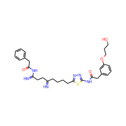 N=C(CCCCc1nnc(NC(=O)Cc2cccc(OCCCO)c2)s1)CCC(=N)NC(=O)Cc1ccccc1 ZINC000169698437