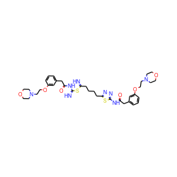 N=C(CCCCc1nnc(NC(=O)Cc2cccc(OCCN3CCOCC3)c2)s1)SC(=N)NC(=O)Cc1cccc(OCCN2CCOCC2)c1 ZINC000169698056