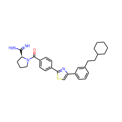 N=C(N)[C@@H]1CCCN1C(=O)c1ccc(-c2nc(-c3cccc(CCC4CCCCC4)c3)cs2)cc1 ZINC000071329751