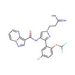 N=C(N)CCn1cc(NC(=O)c2cnn3cccnc23)c(-c2cc(Cl)ccc2OC(F)F)n1 ZINC001772611088