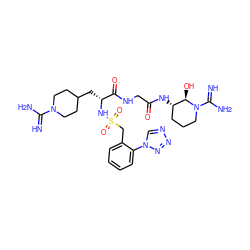 N=C(N)N1CCC(C[C@@H](NS(=O)(=O)Cc2ccccc2-n2cnnn2)C(=O)NCC(=O)N[C@H]2CCCN(C(=N)N)[C@@H]2O)CC1 ZINC000027769899