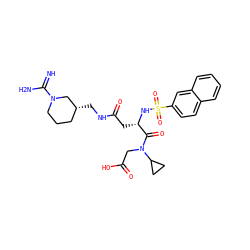 N=C(N)N1CCC[C@@H](CNC(=O)C[C@H](NS(=O)(=O)c2ccc3ccccc3c2)C(=O)N(CC(=O)O)C2CC2)C1 ZINC000003807298