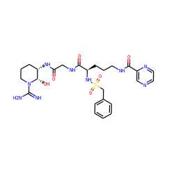 N=C(N)N1CCC[C@H](NC(=O)CNC(=O)[C@@H](CCCNC(=O)c2cnccn2)NS(=O)(=O)Cc2ccccc2)[C@@H]1O ZINC000027100320