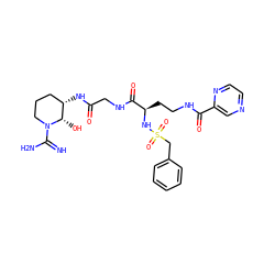 N=C(N)N1CCC[C@H](NC(=O)CNC(=O)[C@@H](CCNC(=O)c2cnccn2)NS(=O)(=O)Cc2ccccc2)[C@@H]1O ZINC000003982137