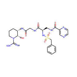 N=C(N)N1CCC[C@H](NC(=O)CNC(=O)[C@@H](CNC(=O)c2cnccn2)NS(=O)(=O)Cc2ccccc2)[C@@H]1O ZINC000027093624