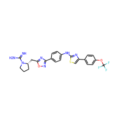 N=C(N)N1CCC[C@H]1Cc1nc(-c2ccc(Nc3nc(-c4ccc(OC(F)(F)F)cc4)cs3)cc2)no1 ZINC001772581026