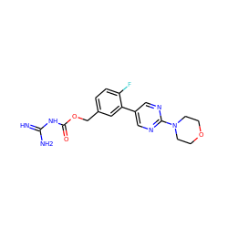 N=C(N)NC(=O)OCc1ccc(F)c(-c2cnc(N3CCOCC3)nc2)c1 ZINC001772602677