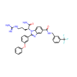 N=C(N)NCCC[C@@H](C(N)=O)n1c(-c2cccc(Oc3ccccc3)c2)nc2cc(C(=O)NCc3cccc(C(F)(F)F)c3)ccc21 ZINC000653670306