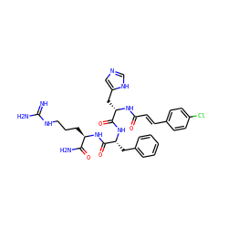 N=C(N)NCCC[C@@H](NC(=O)[C@@H](Cc1ccccc1)NC(=O)[C@H](Cc1cnc[nH]1)NC(=O)/C=C/c1ccc(Cl)cc1)C(N)=O ZINC000049678688