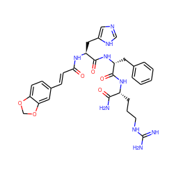 N=C(N)NCCC[C@@H](NC(=O)[C@@H](Cc1ccccc1)NC(=O)[C@H](Cc1cnc[nH]1)NC(=O)/C=C/c1ccc2c(c1)OCO2)C(N)=O ZINC000049678716