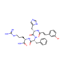 N=C(N)NCCC[C@@H](NC(=O)[C@@H](Cc1ccccc1)NC(=O)[C@H](Cc1cnc[nH]1)NC(=O)/C=C/c1cccc(O)c1)C(N)=O ZINC000049694582