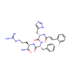 N=C(N)NCCC[C@@H](NC(=O)[C@@H](Cc1ccccc1)NC(=O)[C@H](Cc1cnc[nH]1)NC(=O)/C=C/c1ccccc1F)C(N)=O ZINC000049678015