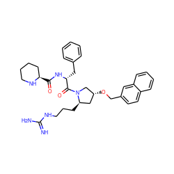 N=C(N)NCCC[C@@H]1C[C@@H](OCc2ccc3ccccc3c2)CN1C(=O)[C@@H](Cc1ccccc1)NC(=O)[C@@H]1CCCCN1 ZINC000036285374