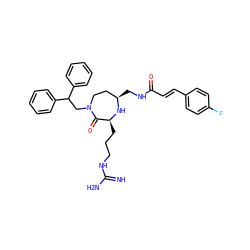 N=C(N)NCCC[C@@H]1N[C@H](CNC(=O)/C=C/c2ccc(F)cc2)CCN(CC(c2ccccc2)c2ccccc2)C1=O ZINC000118677287