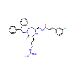 N=C(N)NCCC[C@@H]1N[C@H](CNC(=O)/C=C/c2cccc(Cl)c2)CCN(CC(c2ccccc2)c2ccccc2)C1=O ZINC000118694057