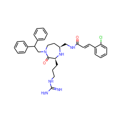 N=C(N)NCCC[C@@H]1N[C@H](CNC(=O)/C=C/c2ccccc2Cl)CCN(CC(c2ccccc2)c2ccccc2)C1=O ZINC000118696756