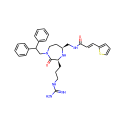 N=C(N)NCCC[C@@H]1N[C@H](CNC(=O)/C=C/c2cccs2)CCN(CC(c2ccccc2)c2ccccc2)C1=O ZINC000118696884