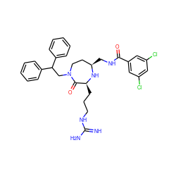 N=C(N)NCCC[C@@H]1N[C@H](CNC(=O)c2cc(Cl)cc(Cl)c2)CCN(CC(c2ccccc2)c2ccccc2)C1=O ZINC000118698100