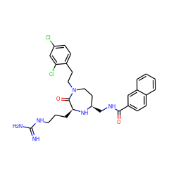 N=C(N)NCCC[C@@H]1N[C@H](CNC(=O)c2ccc3ccccc3c2)CCN(CCc2ccc(Cl)cc2Cl)C1=O ZINC000118686563