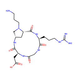 N=C(N)NCCC[C@@H]1NC(=O)[C@@H]2C[C@@H](CN2CCCN)NC(=O)[C@H](CC(=O)O)NC(=O)CNC1=O ZINC001772655044