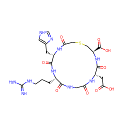 N=C(N)NCCC[C@@H]1NC(=O)[C@H](Cc2c[nH]cn2)NC(=O)CSC[C@@H](C(=O)O)NC(=O)[C@H](CC(=O)O)NC(=O)CNC1=O ZINC000026177534