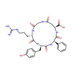 N=C(N)NCCC[C@@H]1NC(=O)CNC(=O)C[C@@H](C(=O)O)NC(=O)[C@@H](c2ccccc2)NC(=O)[C@@H](Cc2ccc(O)cc2)NC1=O ZINC000095591590