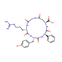 N=C(N)NCCC[C@@H]1NC(=O)CNC(=O)C[C@@H](C(=O)O)NC(=O)[C@@H](c2ccccc2)NC(=O)[C@H](Cc2ccc(O)cc2)NC1=O ZINC000095586136
