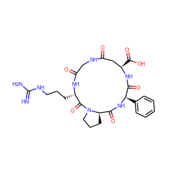 N=C(N)NCCC[C@@H]1NC(=O)CNC(=O)C[C@@H](C(=O)O)NC(=O)[C@@H](c2ccccc2)NC(=O)[C@H]2CCCN2C1=O ZINC000095586386