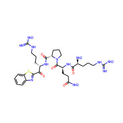 N=C(N)NCCC[C@H](N)C(=O)N[C@@H](CCC(N)=O)C(=O)N1CCC[C@H]1C(=O)N[C@@H](CCCNC(=N)N)C(=O)c1nc2ccccc2s1 ZINC000299840906