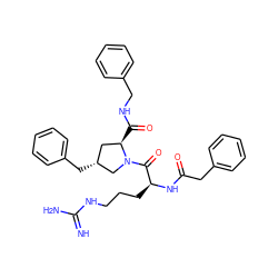 N=C(N)NCCC[C@H](NC(=O)Cc1ccccc1)C(=O)N1C[C@H](Cc2ccccc2)C[C@H]1C(=O)NCc1ccccc1 ZINC000028520776