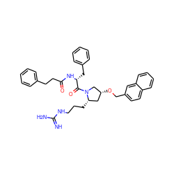 N=C(N)NCCC[C@H]1C[C@@H](OCc2ccc3ccccc3c2)CN1C(=O)[C@@H](Cc1ccccc1)NC(=O)CCc1ccccc1 ZINC000036285308