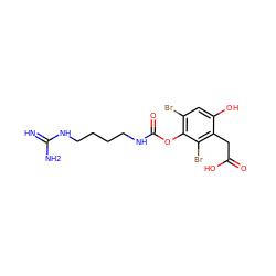 N=C(N)NCCCCNC(=O)Oc1c(Br)cc(O)c(CC(=O)O)c1Br ZINC000042889087