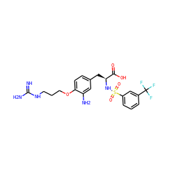 N=C(N)NCCCOc1ccc(C[C@H](NS(=O)(=O)c2cccc(C(F)(F)F)c2)C(=O)O)cc1N ZINC000045315771