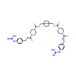 N=C(N)Nc1ccc(CNC(=O)N2CCN(C(=O)OCC34CCC(COC(=O)N5CCN(C(=O)NCc6ccc(NC(=N)N)cc6)CC5)(CC3)CC4)CC2)cc1 ZINC000095614530