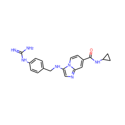 N=C(N)Nc1ccc(CNc2cnc3cc(C(=O)NC4CC4)ccn23)cc1 ZINC000653780398