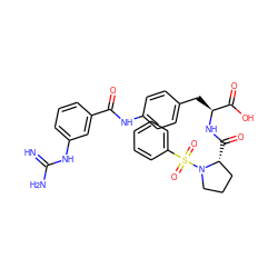 N=C(N)Nc1cccc(C(=O)Nc2ccc(C[C@H](NC(=O)[C@@H]3CCCN3S(=O)(=O)c3ccccc3)C(=O)O)cc2)c1 ZINC001772621516