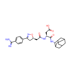 N=C(N)c1ccc(C2=NO[C@@H](CC(=O)N[C@@H](CC(=O)O)C(=O)NC3C4CC5CC(C4)CC3C5)C2)cc1 ZINC000013763232