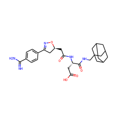 N=C(N)c1ccc(C2=NO[C@@H](CC(=O)N[C@@H](CC(=O)O)C(=O)NCC34CC5CC(CC(C5)C3)C4)C2)cc1 ZINC000013763226